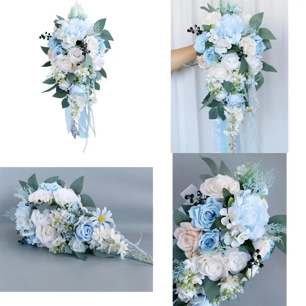 

9,8-дюймовые синие и белые каскадные букеты из искусственных роз с водопадом для невесты и подружек невесты