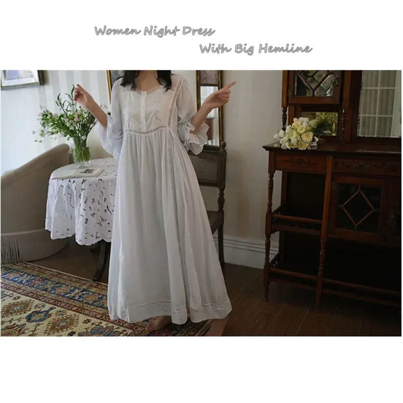 Women 100% Cotton Long White Nightdress Lace Square Collar Full Sleeves Ankle-Length Nightie Loose Victoria Vintage Nightgowns
