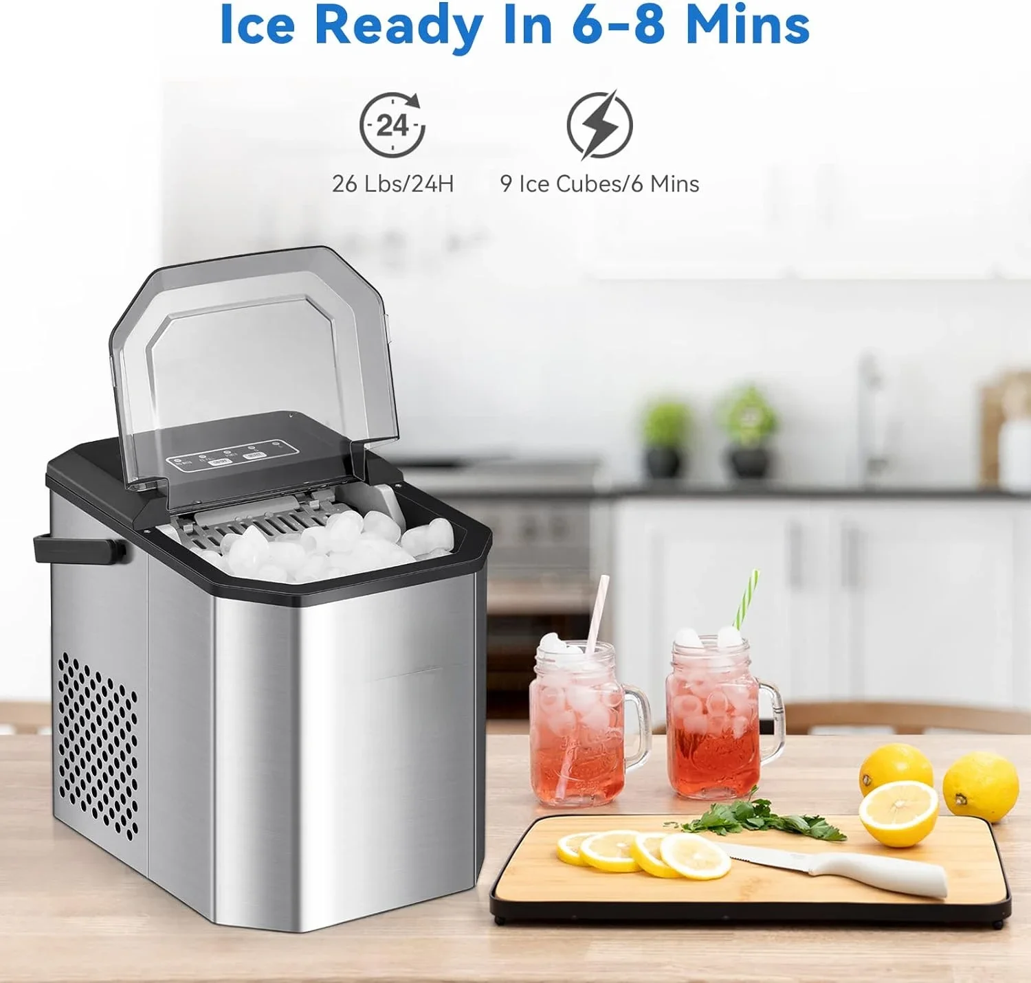 Quiet Design 45lb Ice Maker Countertop with Ice Scoop, Self-Cleaning Ice Machine Producing 10,000pcs/26Lbs/Day for Kitchen Use