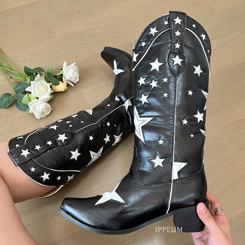 

IPPEUM Western Cowgirl Boots Women Star Embroider Retro Knee High Nashville Party Shoes Country Music Festival Wear Cowboy Boots