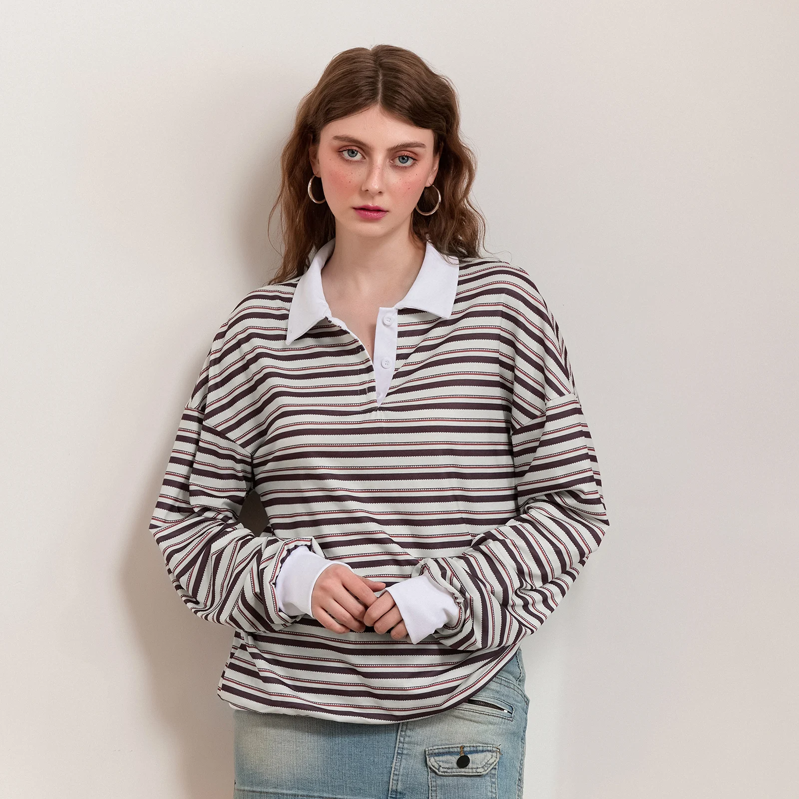 Autumn Striped Print Sweatshir for Women Long Sleeve Turn-down Collar Loose Pullover Casual Tops Streetwear