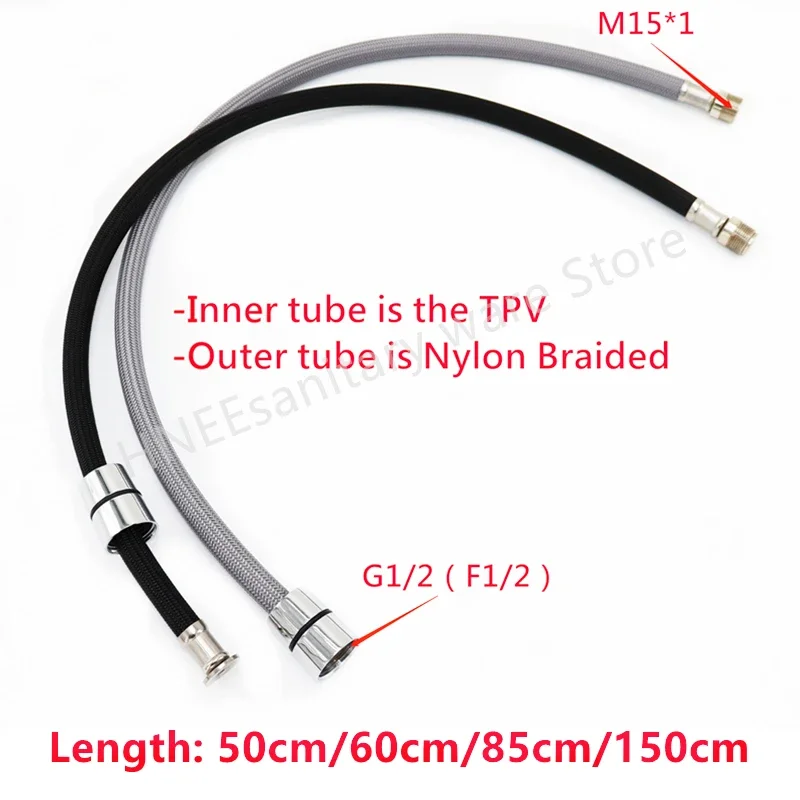 50 سنتيمتر/60 سنتيمتر/85 سنتيمتر/150 سنتيمتر F1/2 M15 * 1 النايلون مضفر خرطوم مياه مرنة للمطبخ سحب صنبور خرطوم الغزل أسود رمادي السباكة