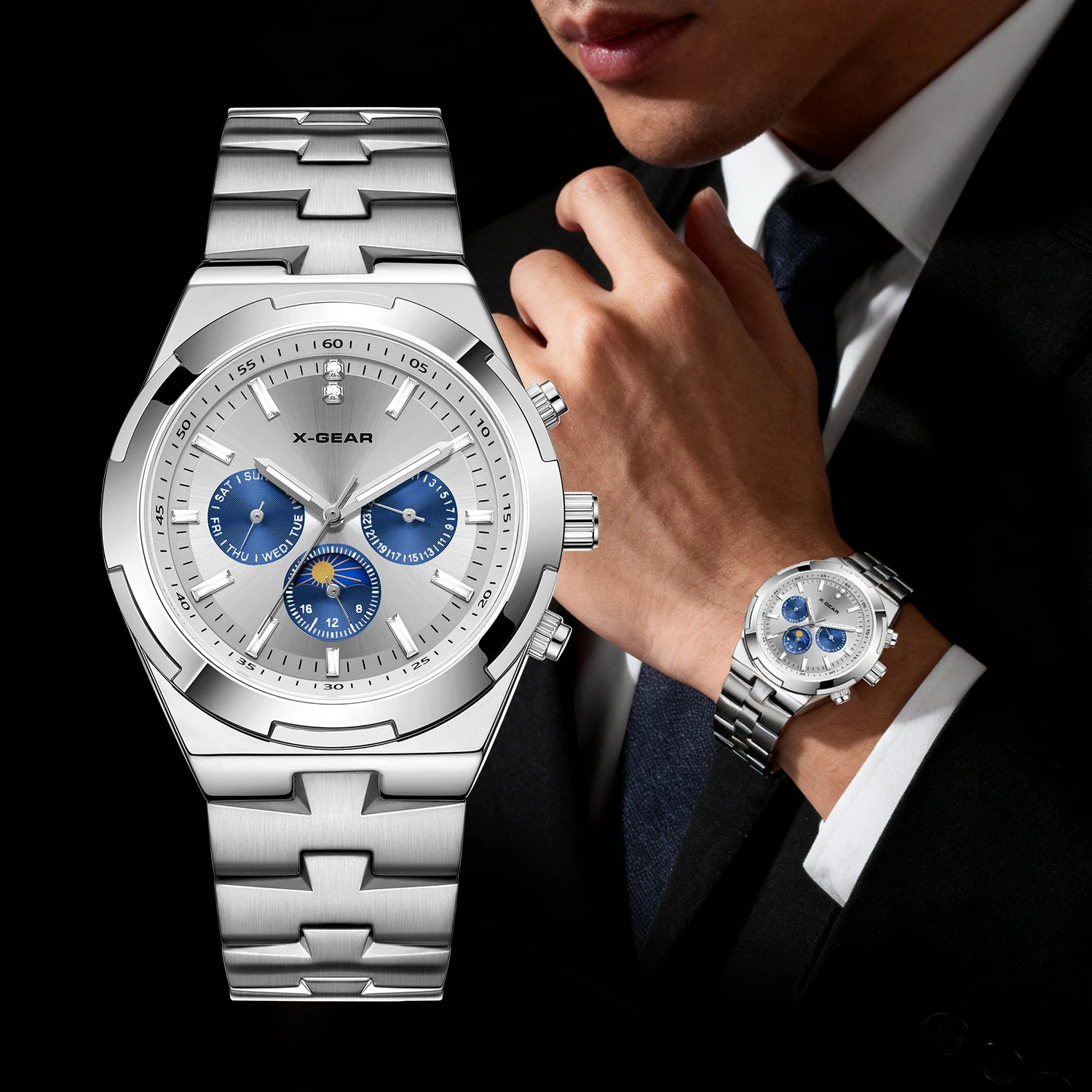 

X-GEAR Роскошные деловые мужские часы с механическим механизмом и водонепроницаемостью, светящимся большим циферблатом, нержавеющая сталь