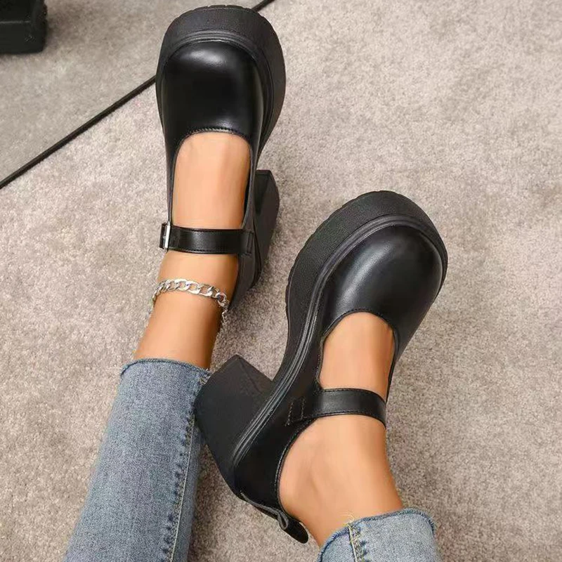 

Western Style Graceful Women Female Chunky Platform High Block Heels Ankle Buckles Shoes Woman Lady Casual Mary Jane Party Shoes