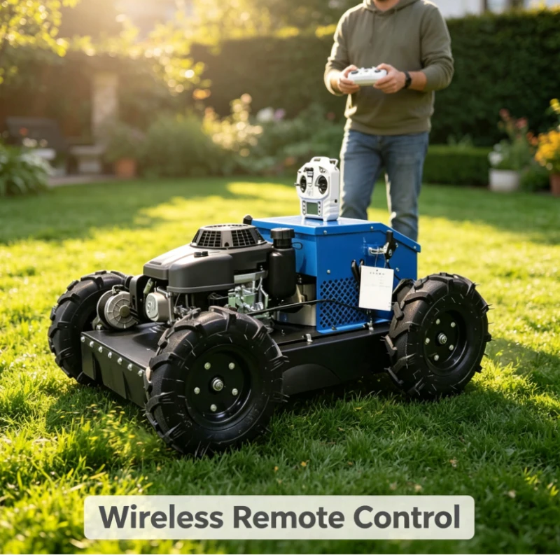 Remote Control Lawn Mower With Engine And Rubber Tracks For Slope And Orchard Grass Cutting