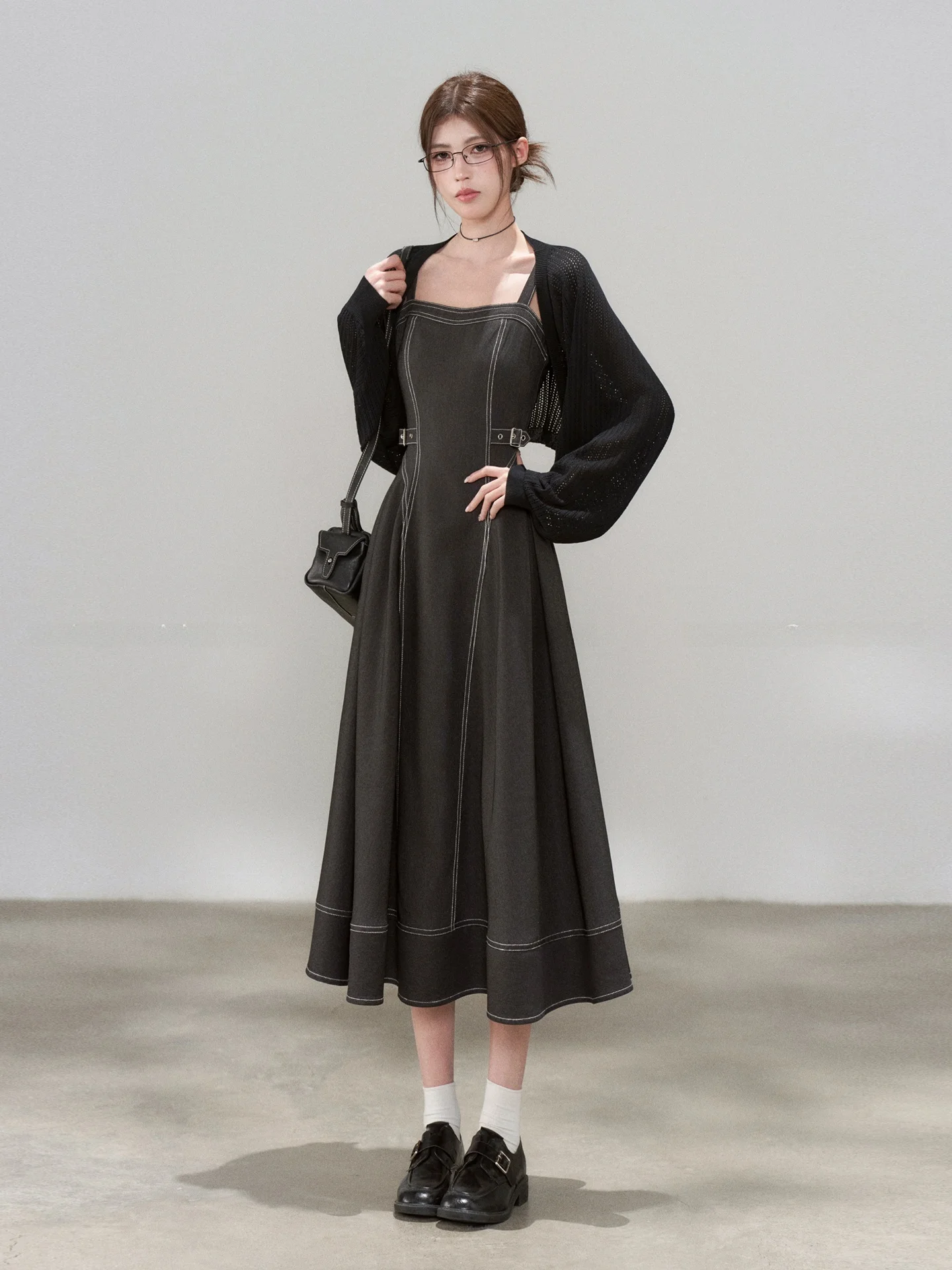 

Korean Style Black Open Cardigan Dress Women's Waist-Cinching Slimming Midi Length High-End Feeling Skirt Two-Piece Set