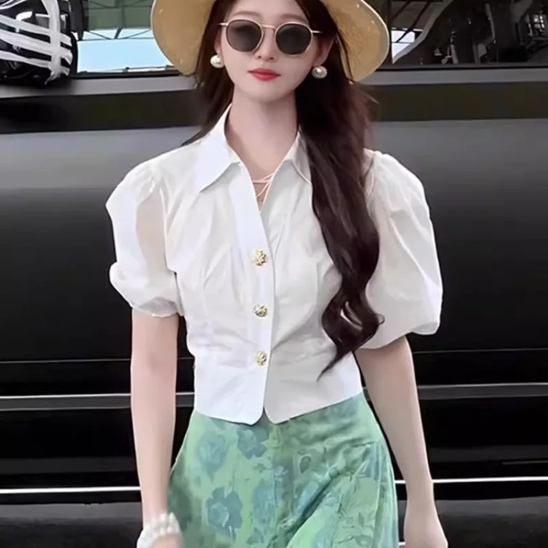 

Large Size Sexy Elegant Blouse Office Lady Women Luxury Puff Sleeve Single Breasted Yellow Shirts Polo Collar V-neck Summer