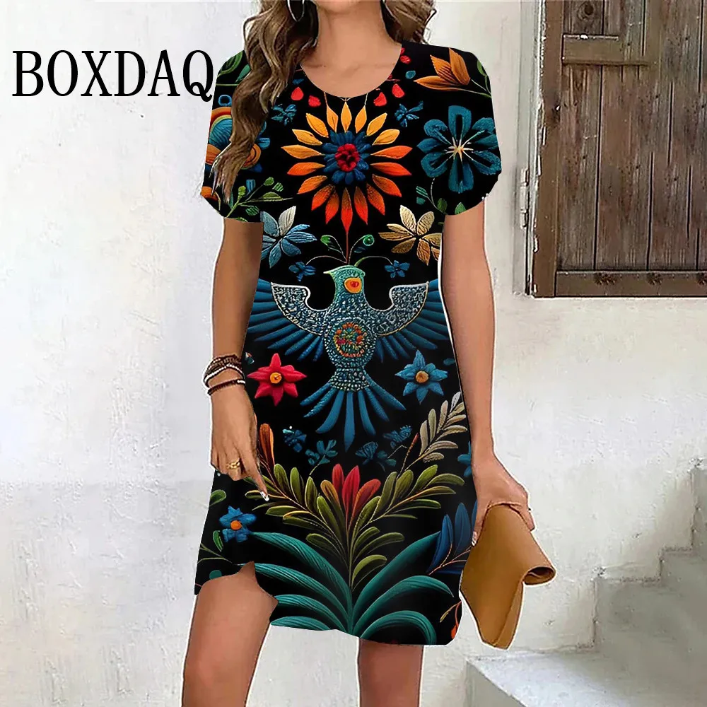 

Women'S New Dress 2024 Summer Retro Plant Flowers Print Dress Casual Short Sleeve Mini Female Dress 3D Floral Sundress Oversized