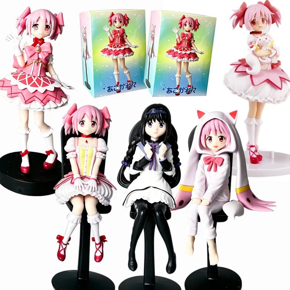 Figura de Anime Puella Magi Madoka Magica, Madoka Sentada con Sudadera con Capucha de Gato y Pijama, y Homura en Pie, Modelo de Juguete para Colección