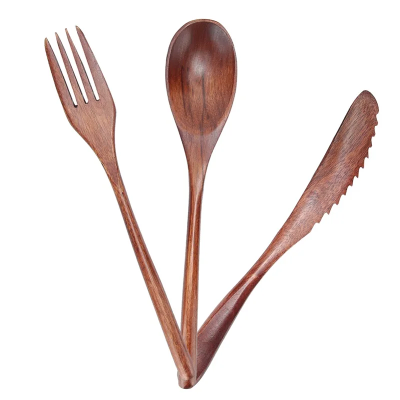 

F5 3set Wooden Tableware Fork Spoon Knife Kit Kitchen Cutlery Aldult For Home Cafe Restaurant Travel Portable Tableware Japanese
