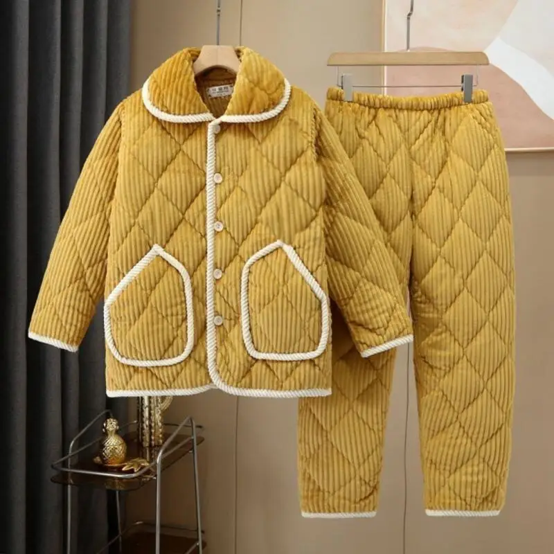 

Winter Woman Thicken Pj Set Three Floors Coral Fleece Pajamas Suit Keep Warm Sleepwear Nightwear Wearable As Outerwear Homewear