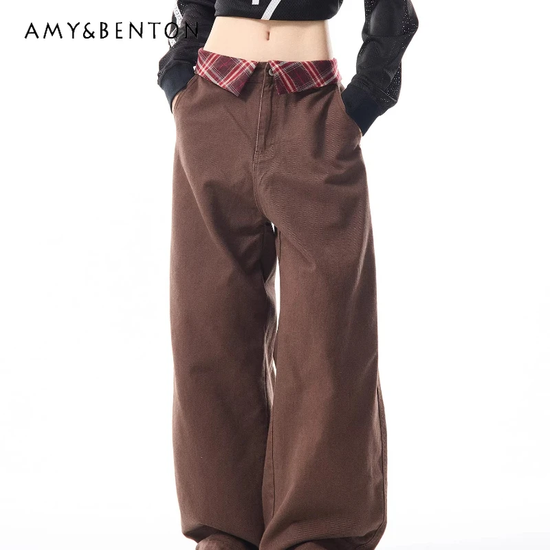 

American Retro Red Plaid Splicing Casual Women's Overalls 2025 Autumn New Design Loose Versatile Wide-Leg Straight Pants Ladies