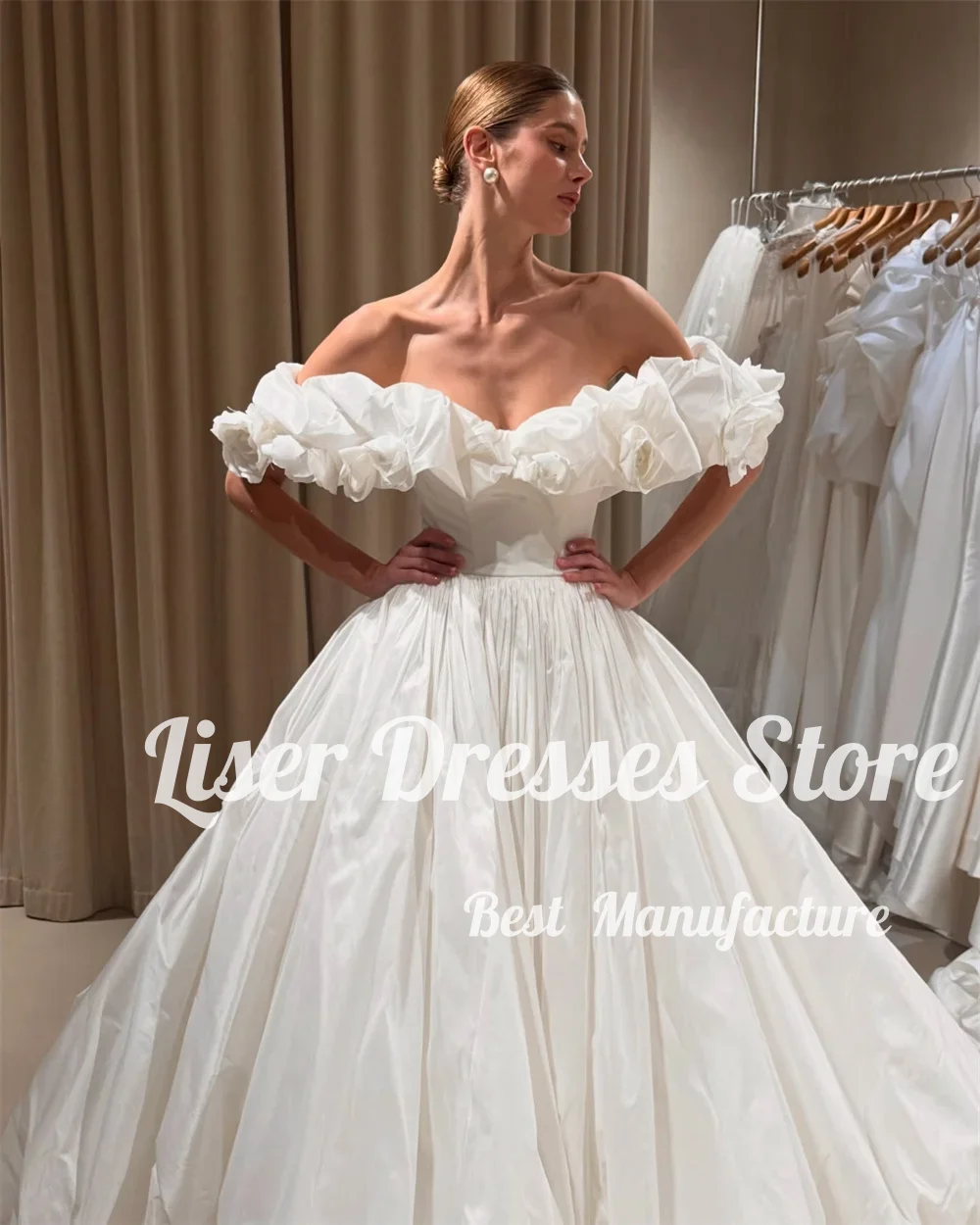 Liser Elegantes Schulterfreies Maßgeschneidertes Hochzeitskleid Ärmellos mit Reißverschluss am Rücken Satin Brautkleid A-Linie mit Schleppe Hochzeitskleid 2026