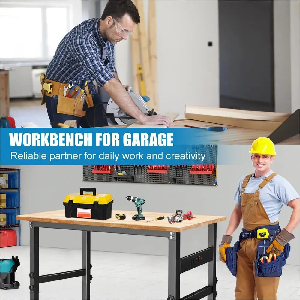 Banco de trabajo ajustable, tomas de corriente de escritorio, mesa resistente de madera maciza, carga de 2000 LBS