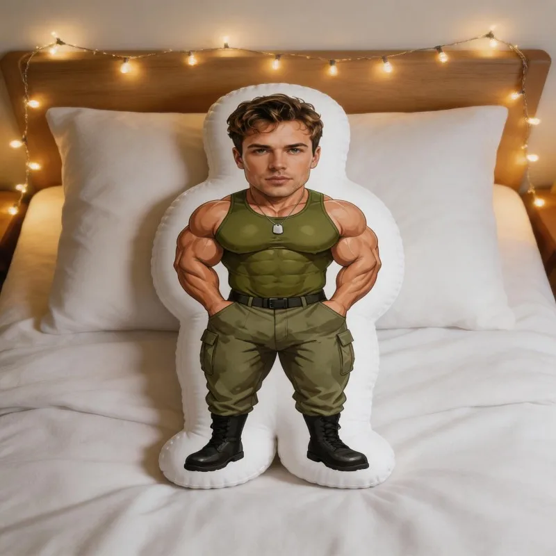 Custom Photo Shaped Pillow, Military Style for Man in Green Tank Top Custom Picture Decorative Cushion, Unique Home Decor Accent