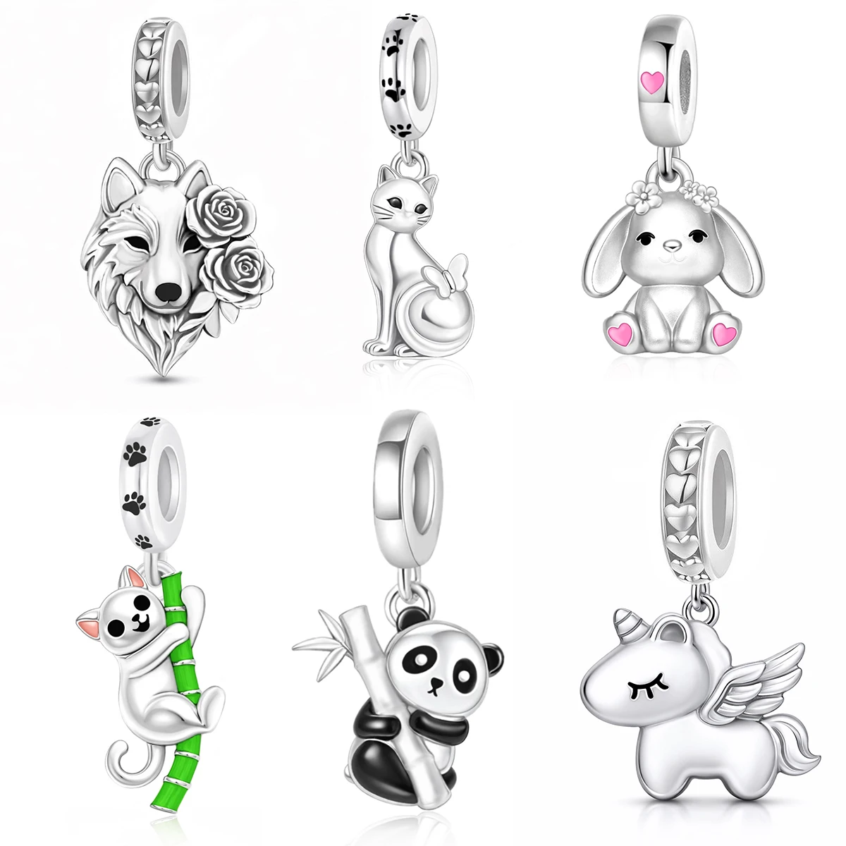 Pendentif perle animale design original 2026, Lapin, Panda, Loup, Chat, Bijou bracelet DIY, Matériau cuivre plaqué argent brillant