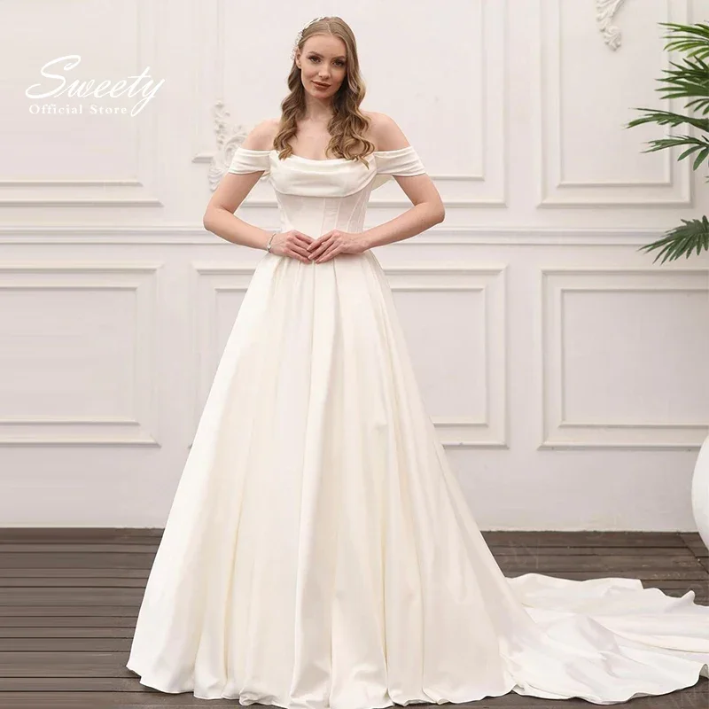 Elegantes Hochzeitskleid aus weichem Satin mit A-Linie, bodenlang, Ballkleid, quadratischer Kragen, ärmelloses Brautkleid, Knopfleiste, Vestido de Novia