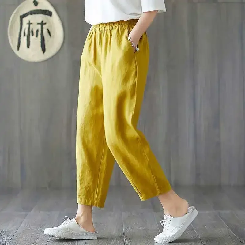 Harem Pants Women Summer Cotton Capri Pants Breathable Ankle-length Trousers Casual Retro Loose Mom Pant Solid Pockets Korean