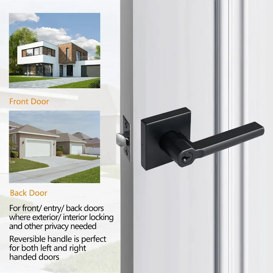 Manija de puerta con palanca de entrada cuadrada de alta resistencia con acabado en negro mate para un uso seguro en interiores y exteriores, ajustable para izquierda o plataforma