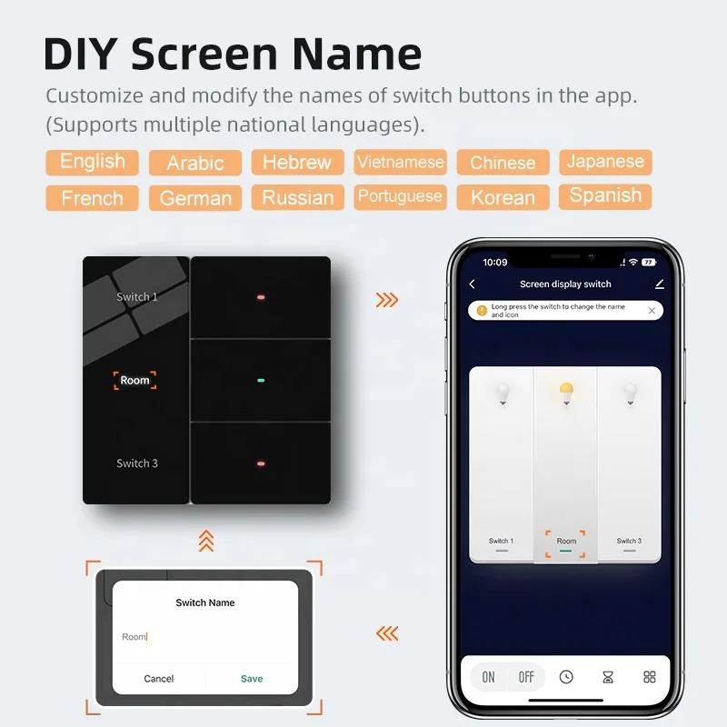WiFi Smart Home Product DIY Name Wall Lighting Switch with LED Display Panel 86x86mm 1 2 3 4 Gang Controller