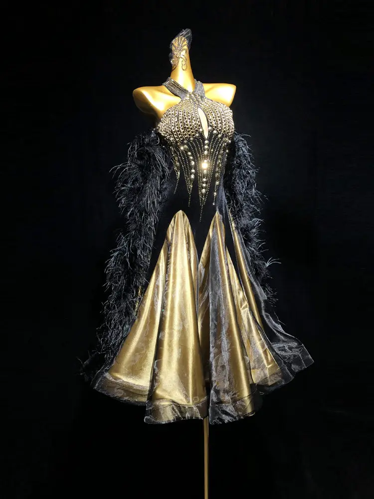 Women Swing Tango Waltz Dance Competition Dress Black Gold Ballroom Dance Dress Customized Size and Color Adult Girls