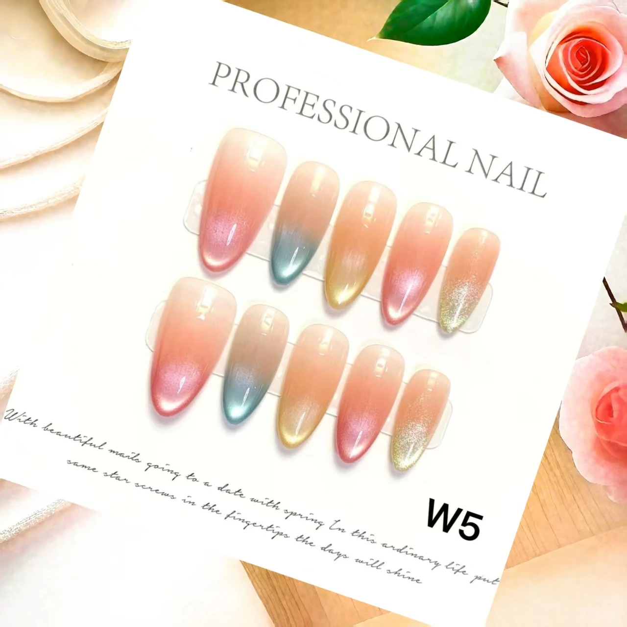 10 pçs luxo amêndoa unhas arco-íris olho de gato imprensa em unhas design simples para qualquer ocasião artesanal unhas falsas com ferramentas de 4 peças