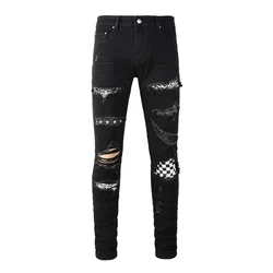 Jeans slim fit preto rasgado de cristal masculino, calça skinny estilo punk, buracos de rocha, novo jeans xadrez escondido, moda rua