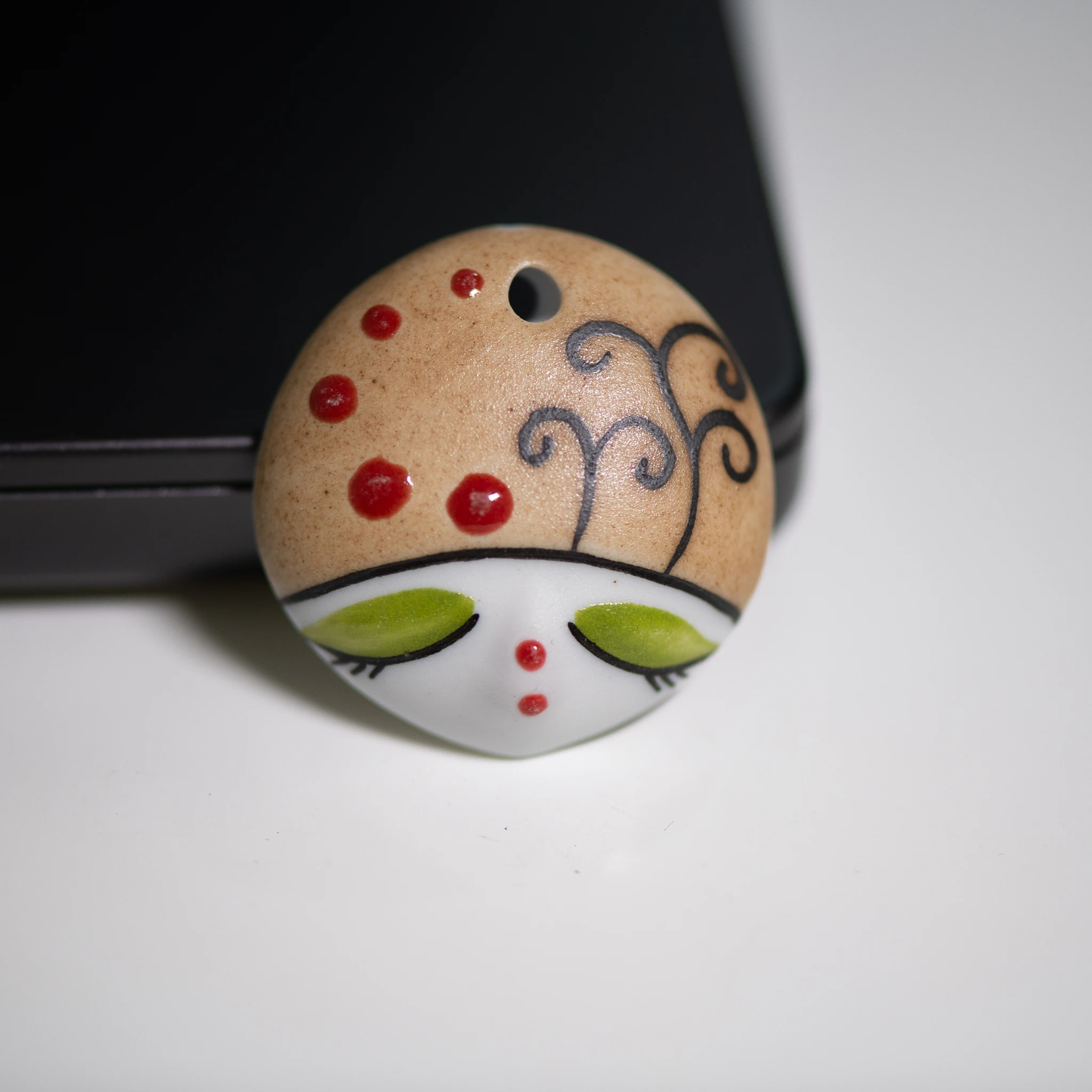 Handmade Vintage Peking Opera Face Pendant Ceramic Jewelry Accessory 36mm with Large Hole