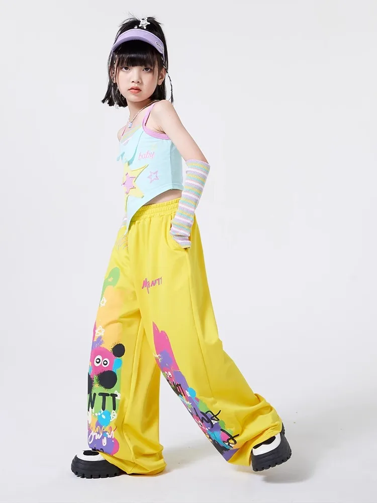 Ropa bonita de Hip Hop para chico, camiseta sin mangas corta con tirantes azules, pantalones deportivos anchos informales con estampado amarillo para niña, traje de baile de Jazz, ropa