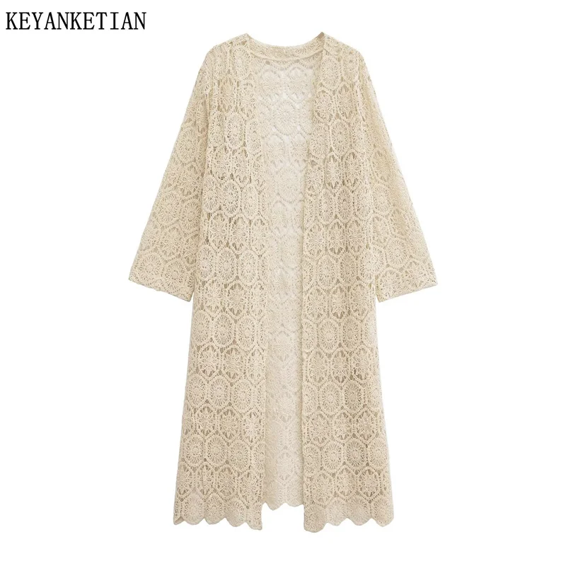 KEYANKETIAN 2024 Autumn New Bohemian Holiday wind Hollow out Lace Crochet Stitches Cardigan Women's Long Kimono Knit Outerwear