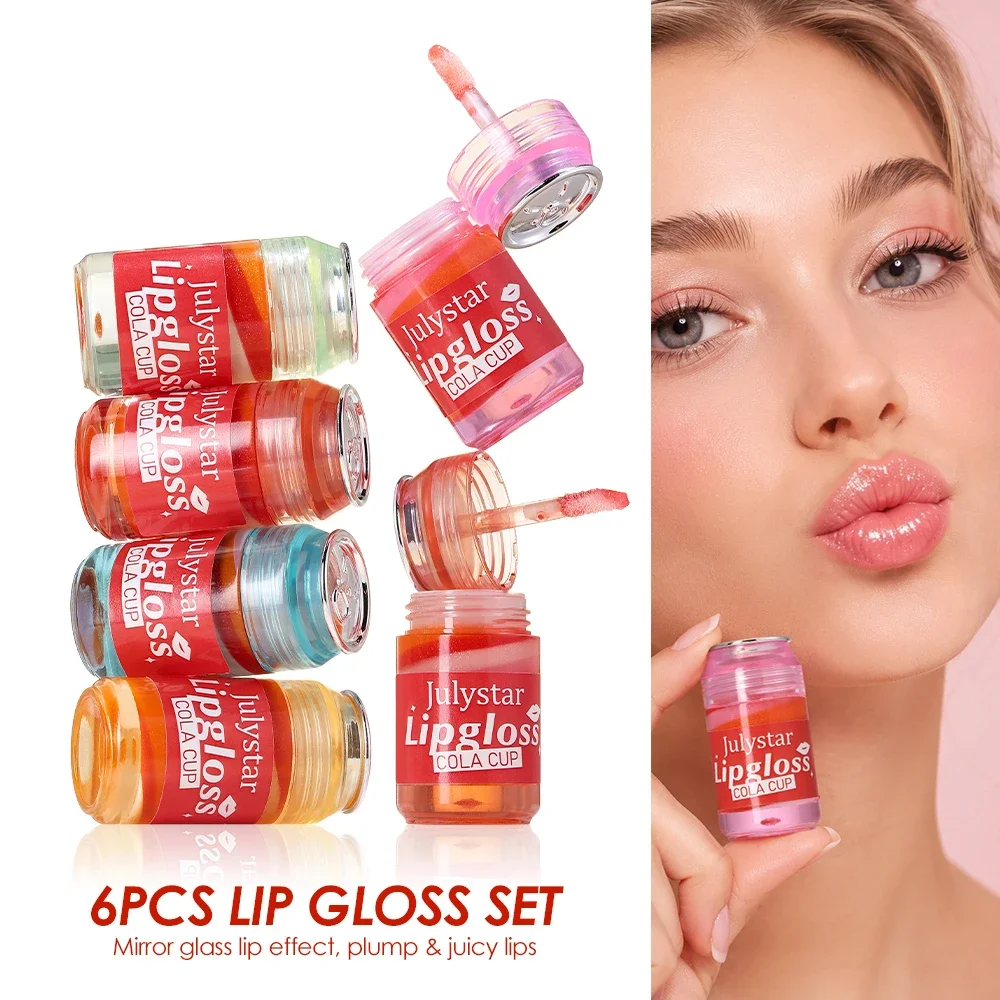 6 Pack Cute Tiny Can Shimmer Lip Gloss, all-day lock moisture for dry lips, buildable sheer tint, portable design for quick outd