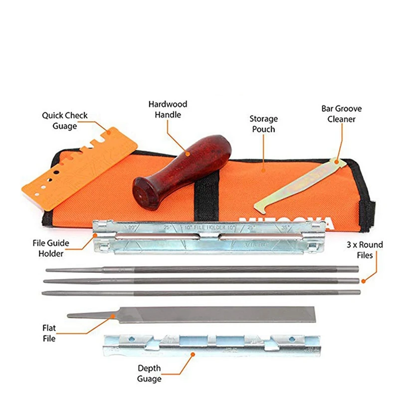 Chainsaw Sharpening Kit Arquivo, Chain Sharpener, Arquivo Flat, Profundidade Ferramenta Gauge, Guia de arquivamento, Punho de madeira, Et, 12pcs