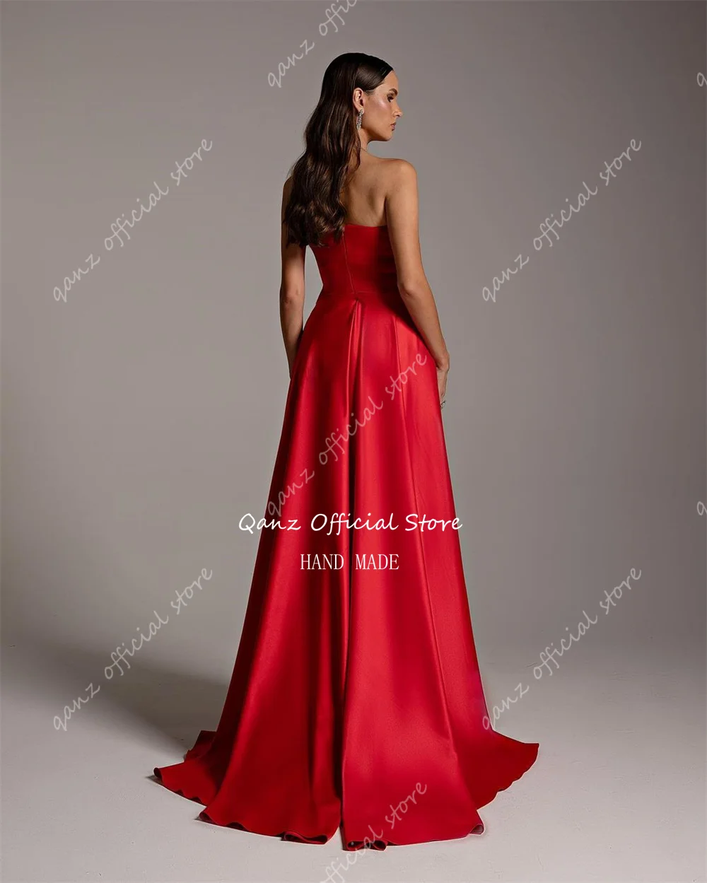 Qanz Vintage Red Satin Evening Dresses Strapless Mermaid Prom Dress Dubai Long Train Dress Women Elegant Party Customized