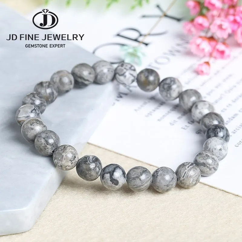 JD Natural Map Stone Round Beads Gray Picasso Stone Beads Bracelet DIY Material Jewelry For Man Women