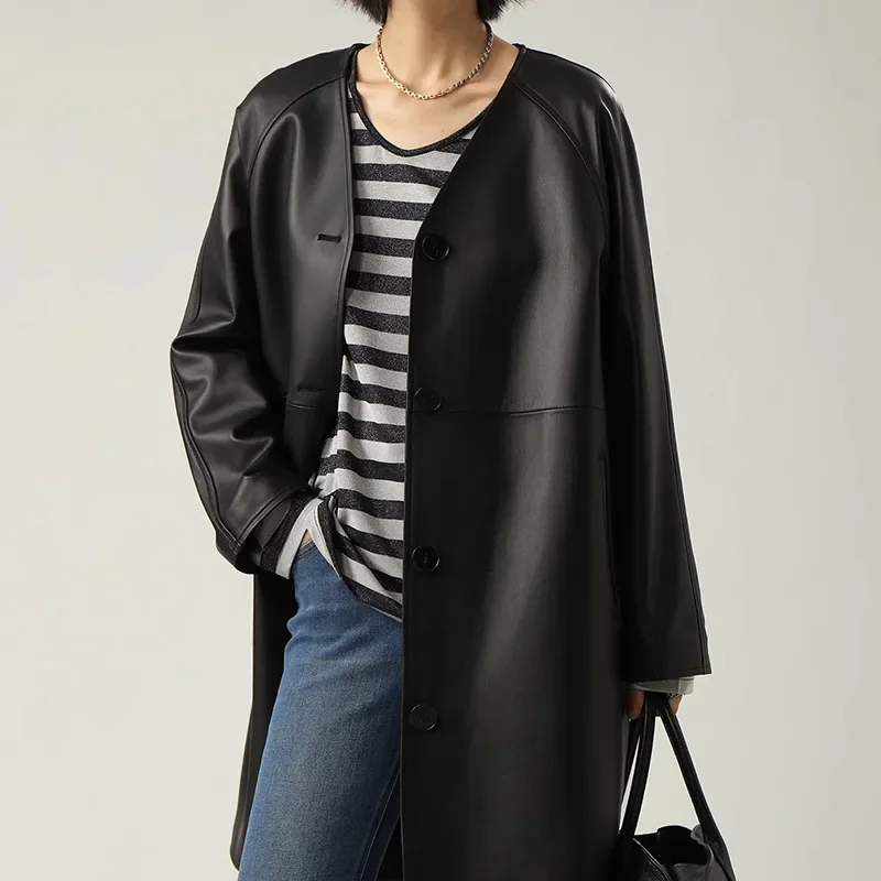 Modischer Trenchcoat aus Schaffellleder mit V-Ausschnitt für Damen, echtes Leder, Herbst und Winter, V-Ausschnitt, Raglanärmel, zum Binden