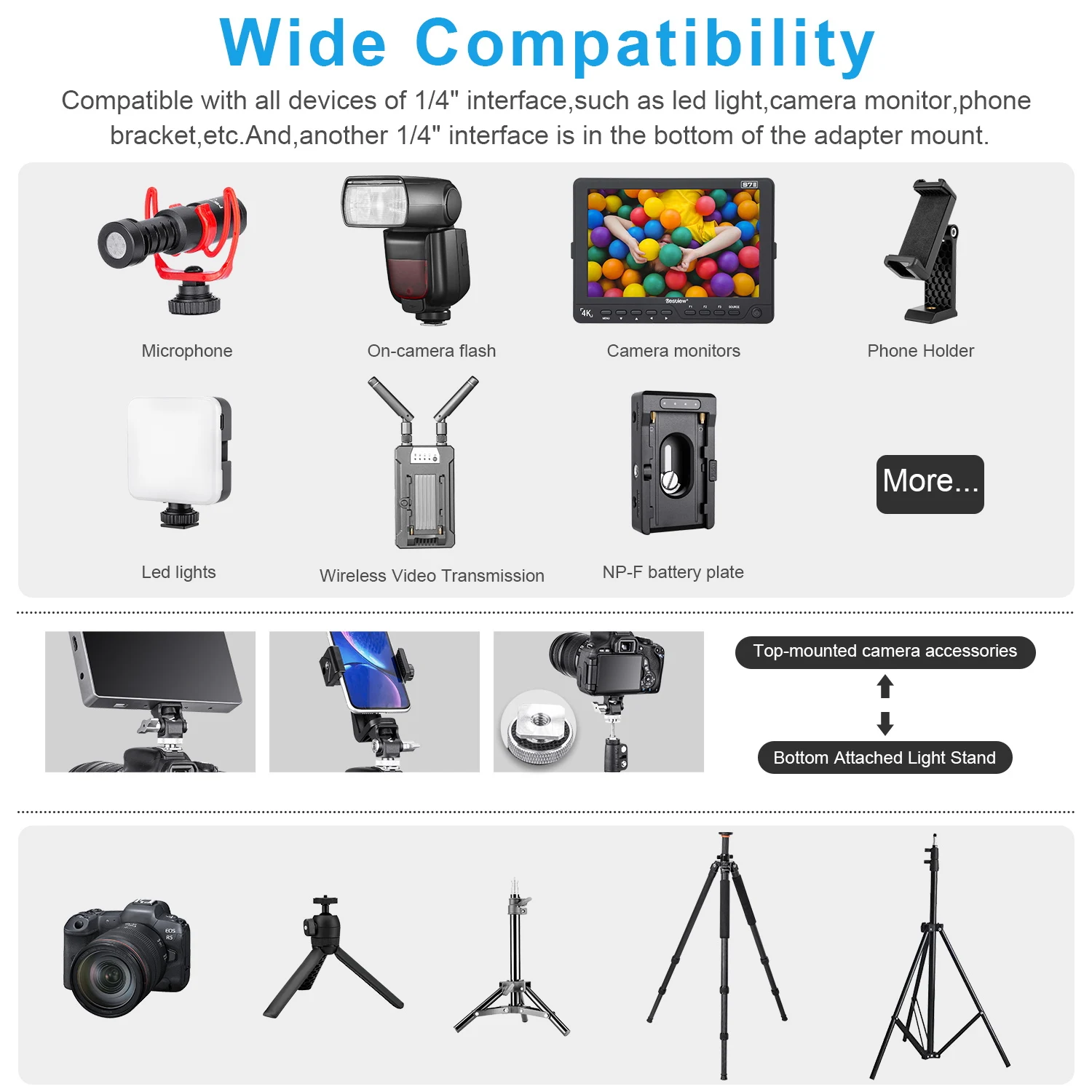 Uchwyt monitora FOMITO Mini, mocowanie monitora kamery, mocowanie z zimną stopką, obrotowy, regulowany po nachyleniu, do lamp LED, monitora, mikrofonu, kamery — zdjęcie 3