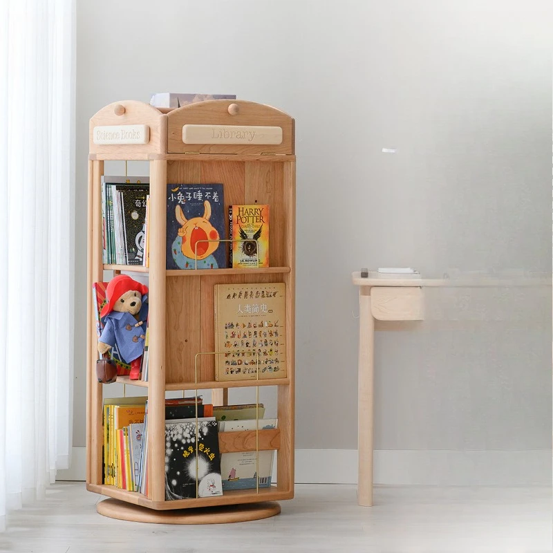 

Rotating bookshelf 360-degree bookcase Solid wood children's picture book rack Floor-to-ceiling storage display