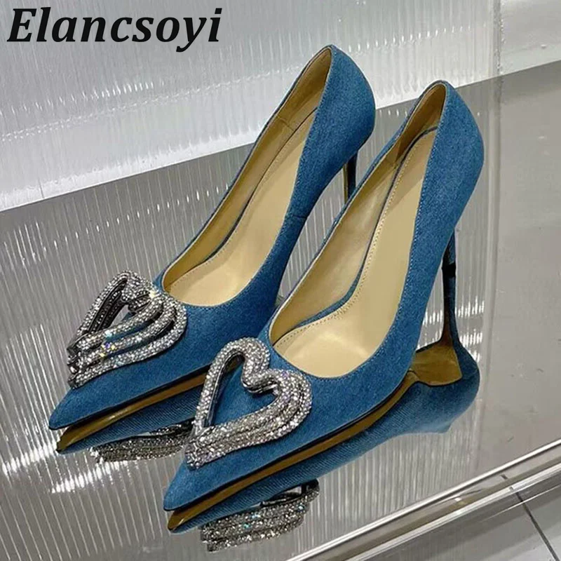 

Spring Pointed Toe Suede Bling Bling Crystal Heart Decoration Pumps Women Thin Heel Solid Color High Heels Banquet Dress Shoes