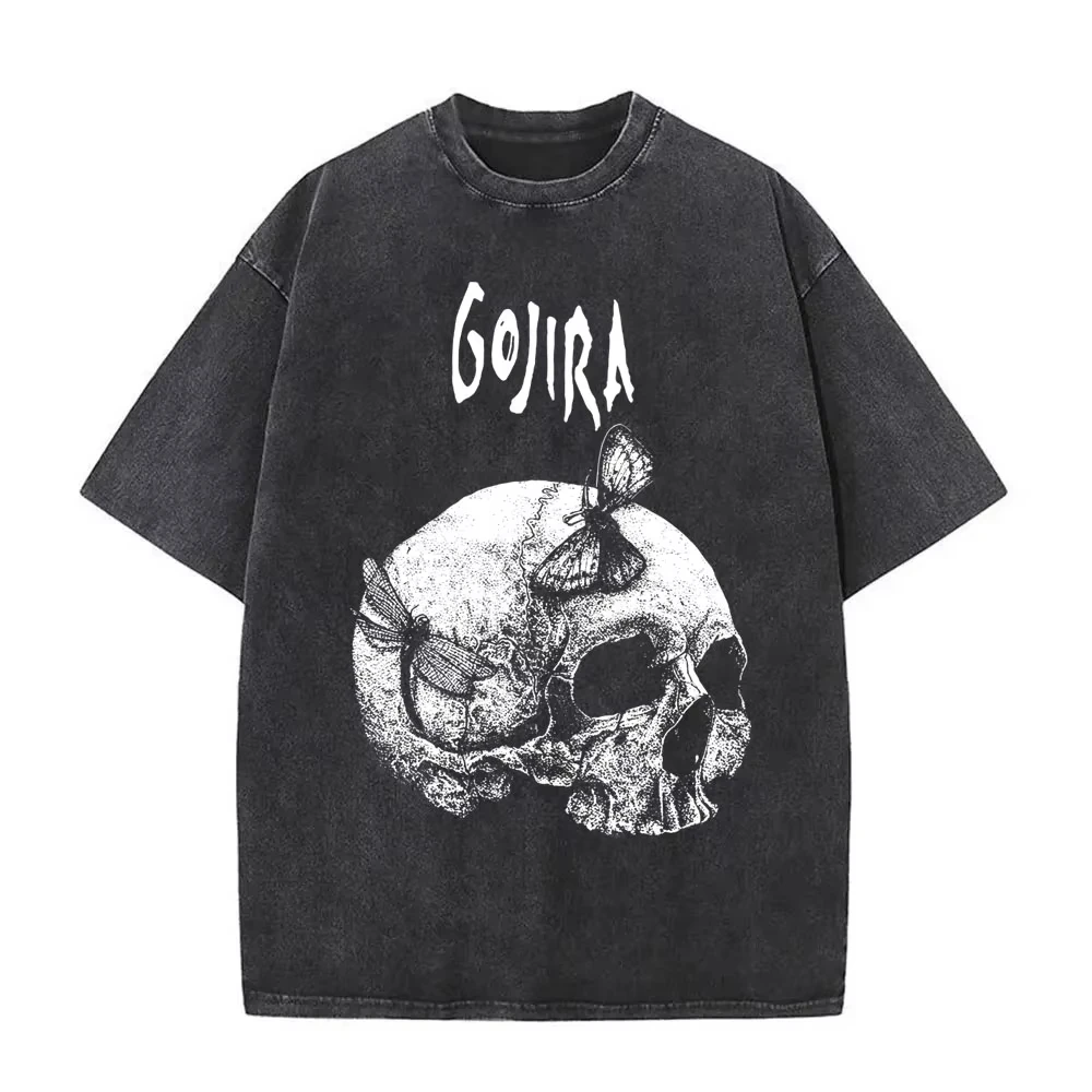 غسلها خمر المعادن روك باند Gojira اللحم على قيد الحياة تي شيرت الرجال النساء موضة المتضخم تي شيرت الرجال تي شيرتات قطن عادية