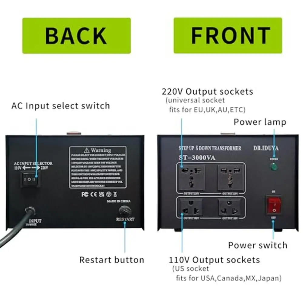 3000W Voltage Converter Transformer Dual Functionality 110~120V to 220~240V with 4 Power Sockets Resettable Circuit Breaker