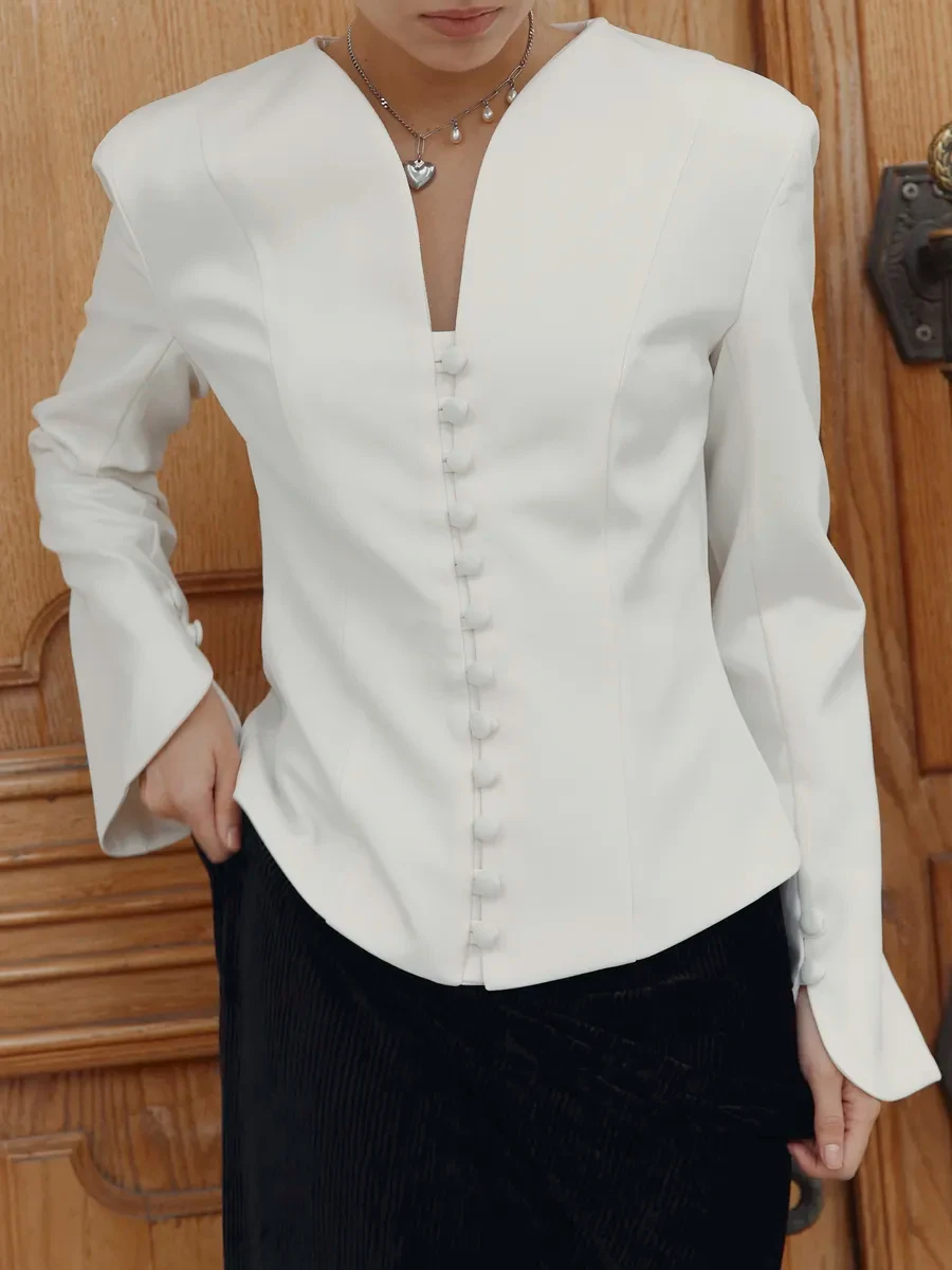 Blazer Elegante de Manga Larga con Cuello en V y Corte Entallado para Mujer, Color Sólido, Primavera-Otoño 2026, Traje de Oficina para Damas, BJTZ