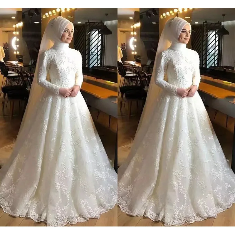 Vestidos de casamento muçulmanos manga cheia alta pescoço festa de casamento vestido de baile clássico renda vestido de casamento 2025 personalizado