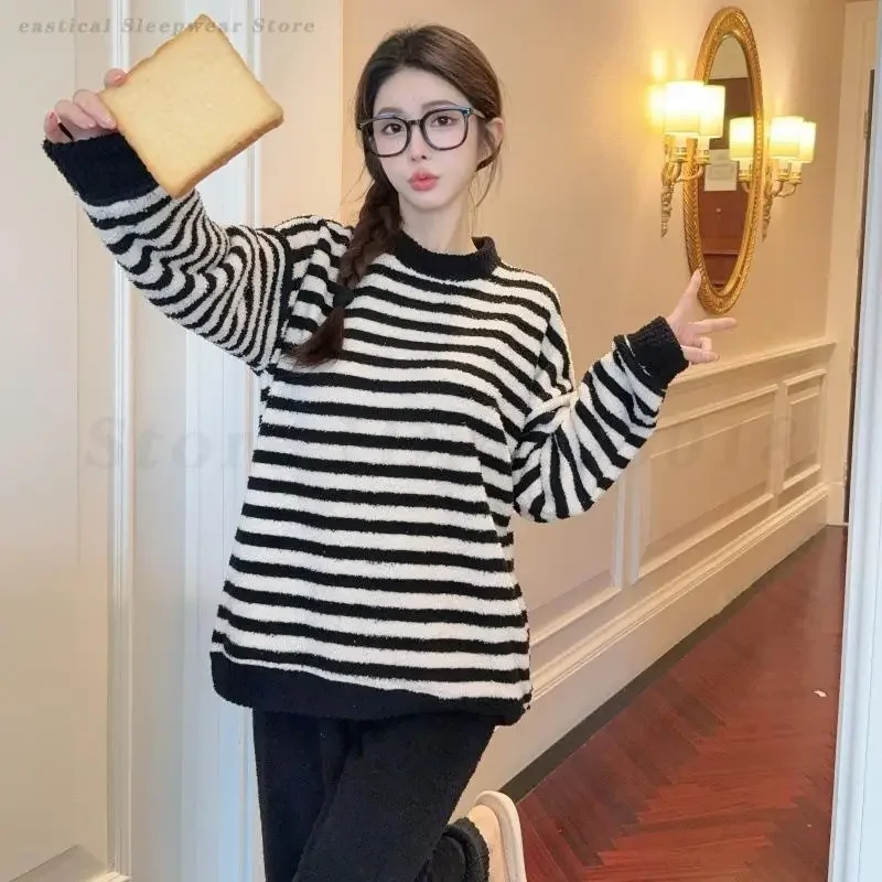 

Толстая теплая одежда для сна из кораллового флиса, простой полосатый пижамный комплект, одежда для дома, осенне-зимняя повседневная домашняя одежда, женская пижама Mujer