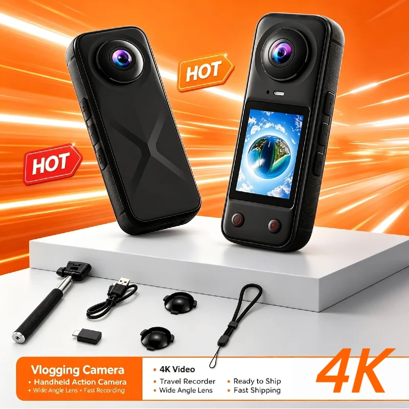 Action Handheld Camera Ultra HD 4K Video Recording Waterproof Mini Sports Camera WiFi 200° Wide Angle Front & Rear Dual Screens