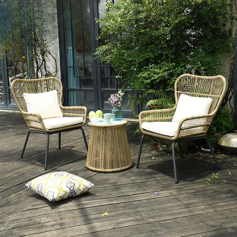 

Rattan Chair Balcony Table and Chair Iron Leisure Combination Terrace Courtyard Coffee Table Simple Outdoor Desk-Chair