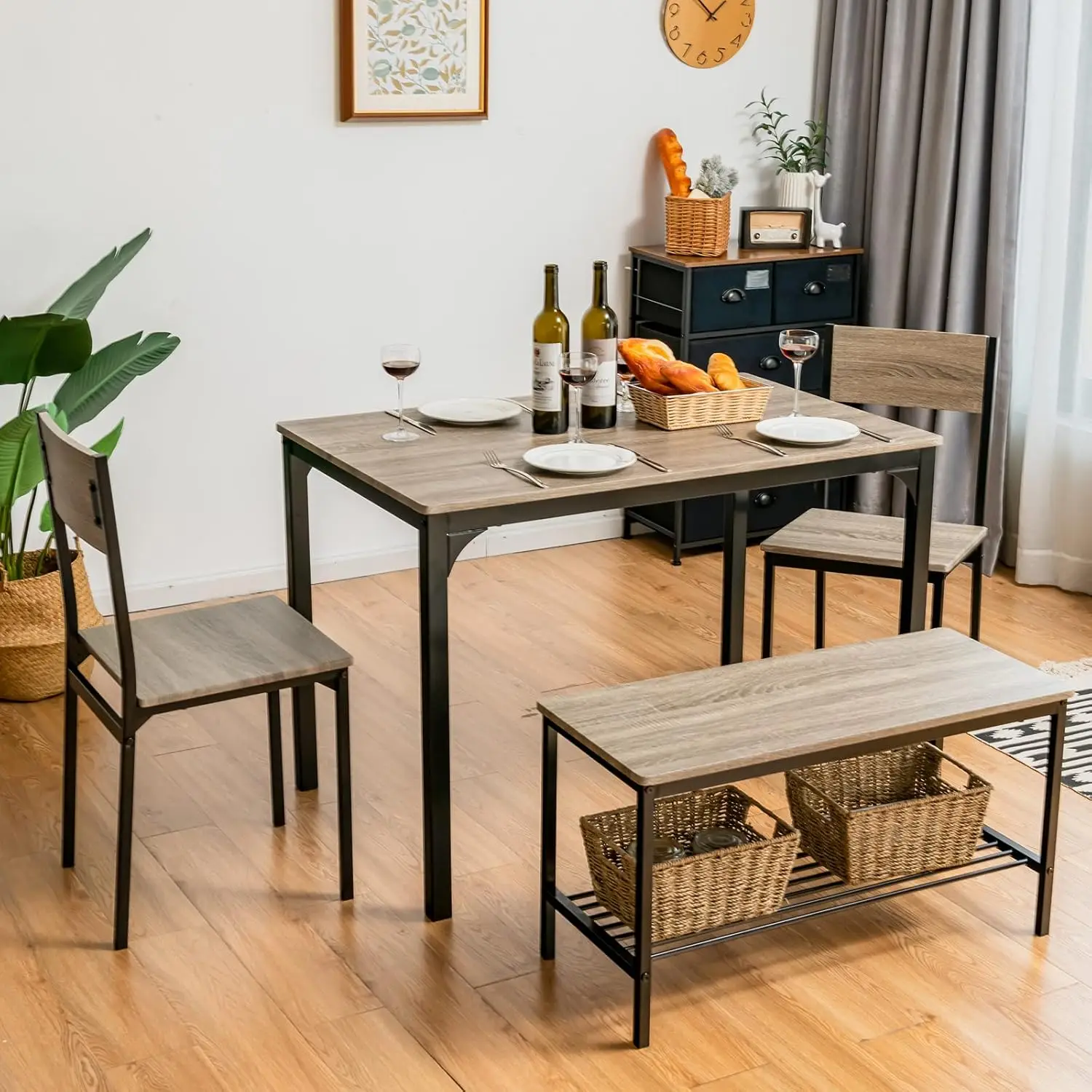 Dining Table Set for 4, Kitchen Table with Bench and Chairs, Industrial Gathering Bench Dining Set W/Metal Frame & Storage Rack