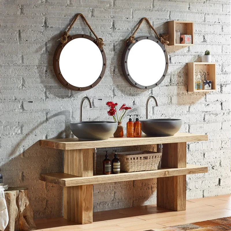 Double-head modern Chinese bathroom cabinet combination of solid wood antique log color double basin