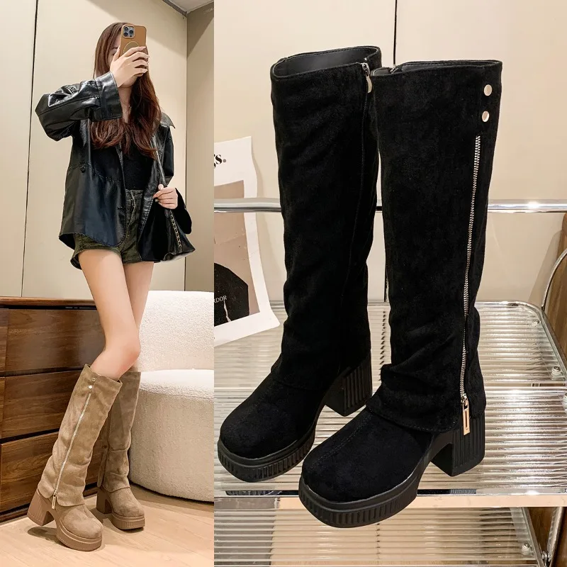 

Suede Women Knee High Heels Boots Platform Shoes Luxury Snow Boots 2024 Brand Women Pumps Fashion Chunky Chelsea Winter Botas