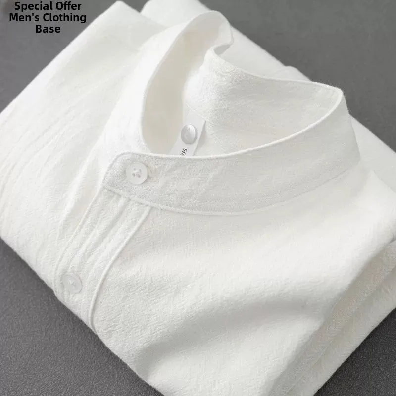 

Men's Cotton Linen Short Sleeve Shirt Henry Collar Pure Color Linen Stand Collar Summer Spring Autumn Long Sleeve Top Breathable