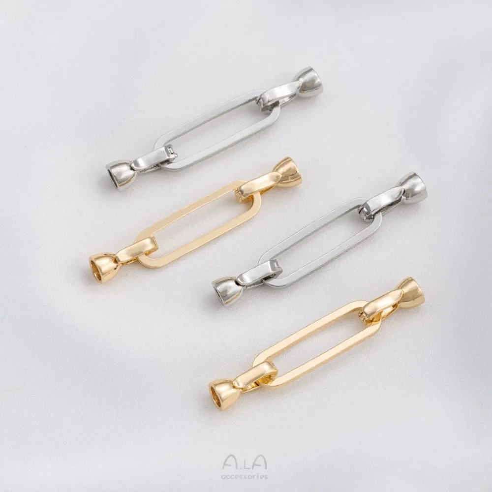 Klip Tembaga Warna Emas 14K Bentuk Oval Strip Sederhana Fashion Gesper Mutiara Buatan Tangan DIY Kalung Rantai Sweater Aksesoris Ujung Rantai